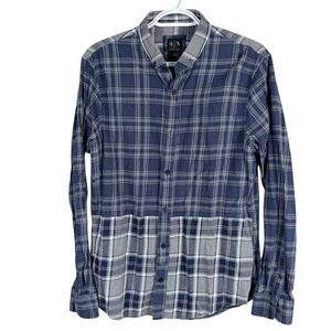 Armani Exchange Flannel Shirt Button Down Mens M Blue Colorblock Plaid Cotton